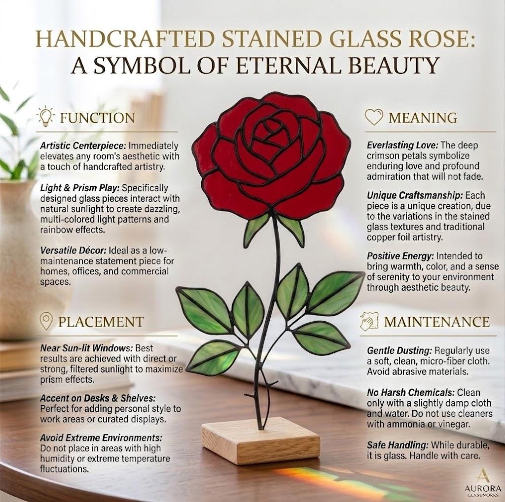 Stained Glass Rose Flower Anniversary Gift for Wife Mother's Day Gift June Birth Flower Everlasting Red Rose Desk Decor