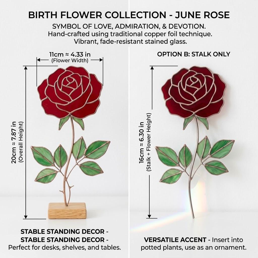 Stained Glass Rose Flower Anniversary Gift for Wife Mother's Day Gift June Birth Flower Everlasting Red Rose Desk Decor
