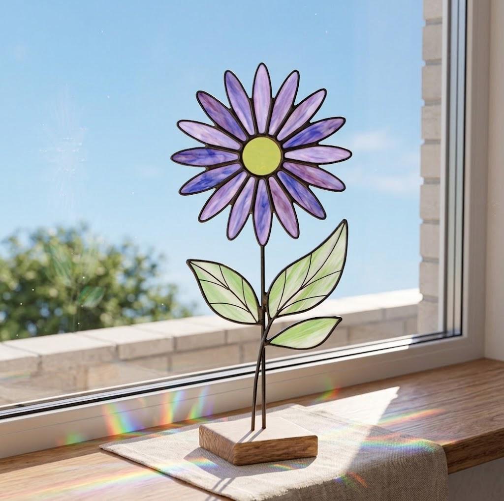 Purple Stained Glass Flower on Stand February Birth Month Mother's Day Gift for Mom Everlasting Desk Decor Birthday Gift Her