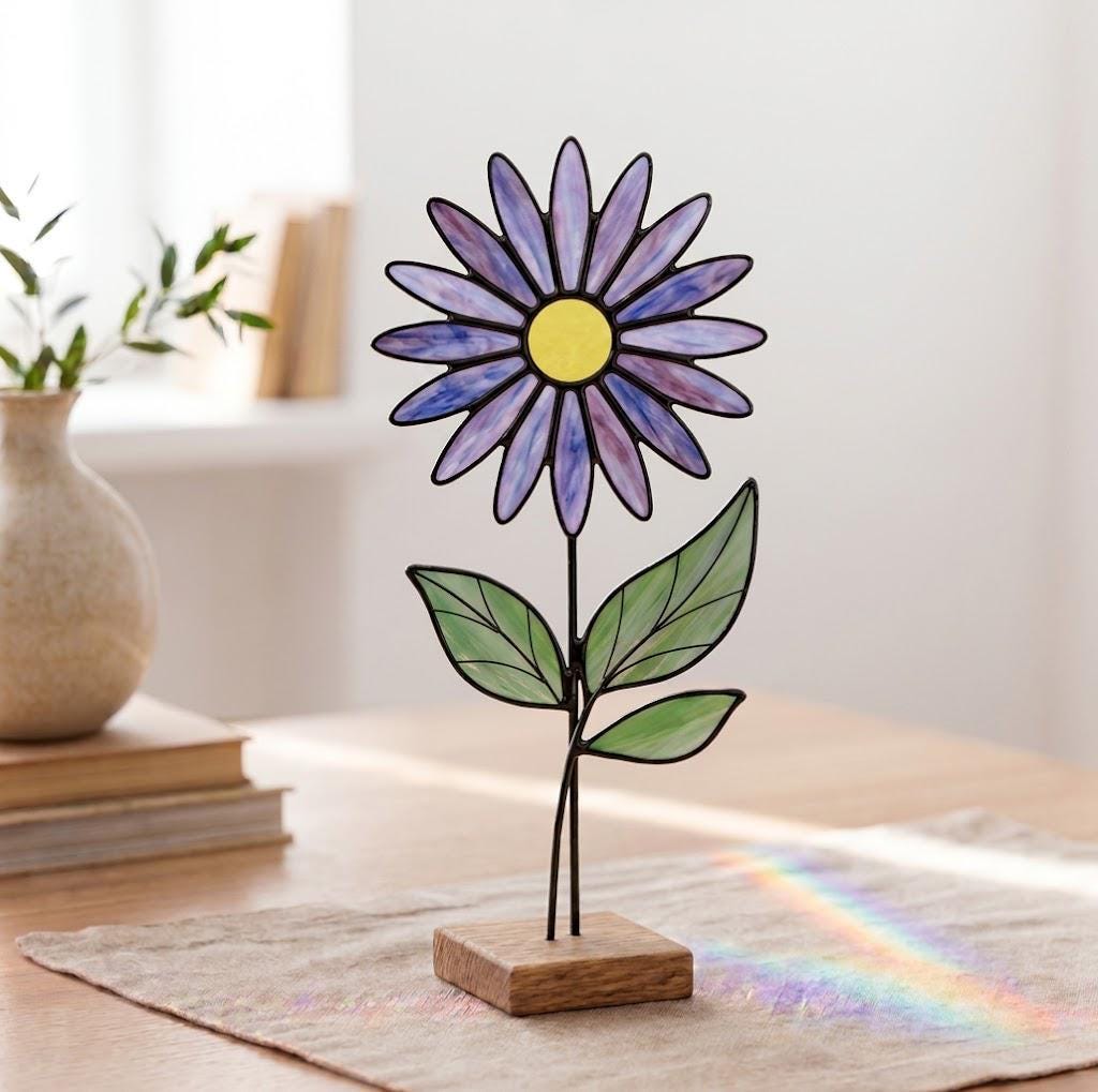 Purple Stained Glass Flower on Stand February Birth Month Mother's Day Gift for Mom Everlasting Desk Decor Birthday Gift Her