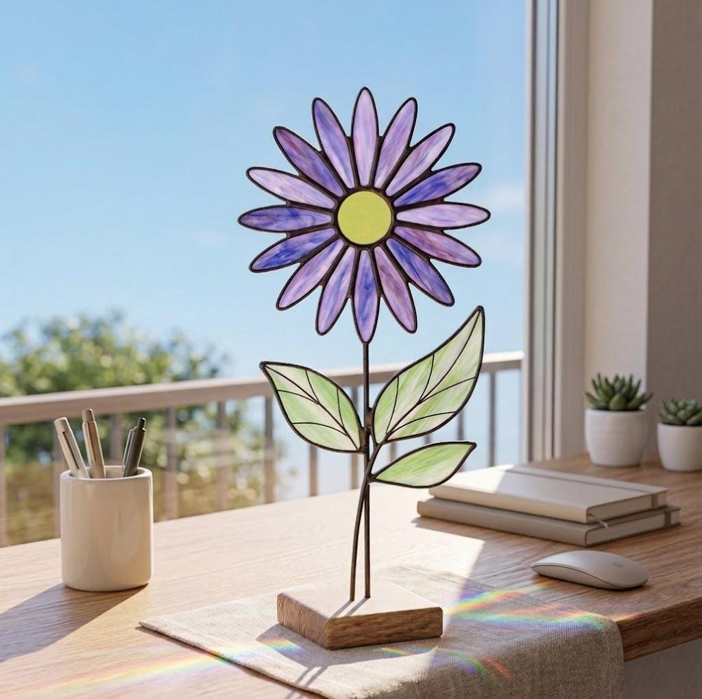 Purple Stained Glass Flower on Stand February Birth Month Mother's Day Gift for Mom Everlasting Desk Decor Birthday Gift Her
