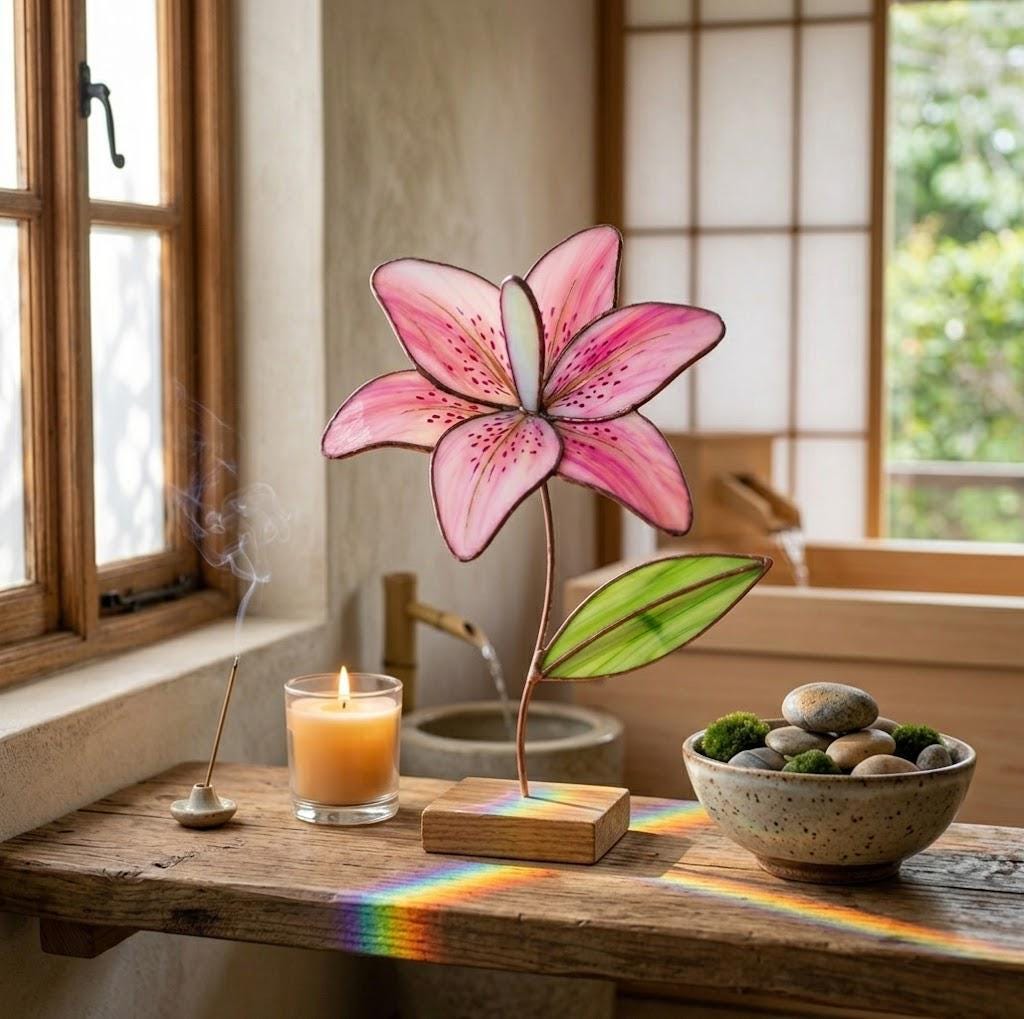 Pink Lily Stained Glass Flower Anniversary Gift for Wife Mother's Day Gift Everlasting Floral Decor May Birth Month Gift
