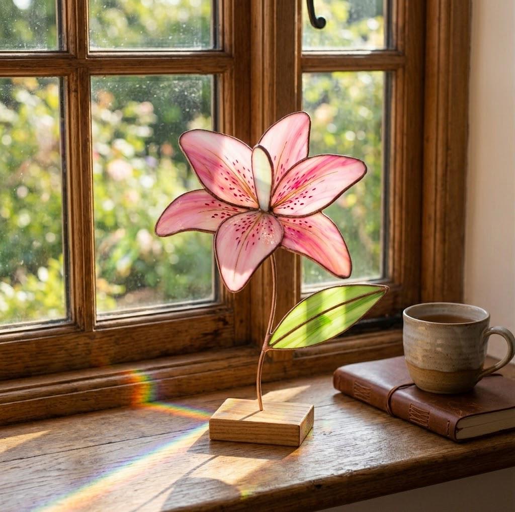 Pink Lily Stained Glass Flower Anniversary Gift for Wife Mother's Day Gift Everlasting Floral Decor May Birth Month Gift