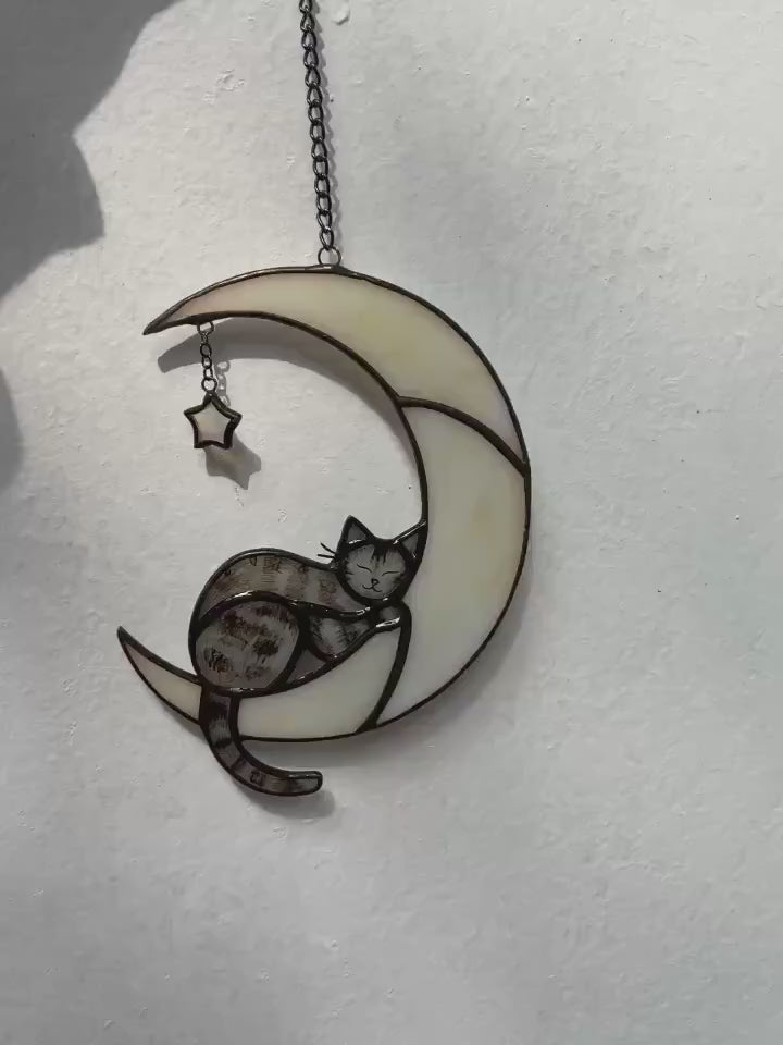 Stained Glass Black Cat on Moon Suncatcher | Celestial Witchy Window Hanging | Pet Memorial Sympathy Gift | Reaching Star Kitten Decor