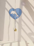 Handmade Stained Glass Dolphin Heart Suncatcher – Coastal Decor with Bell
