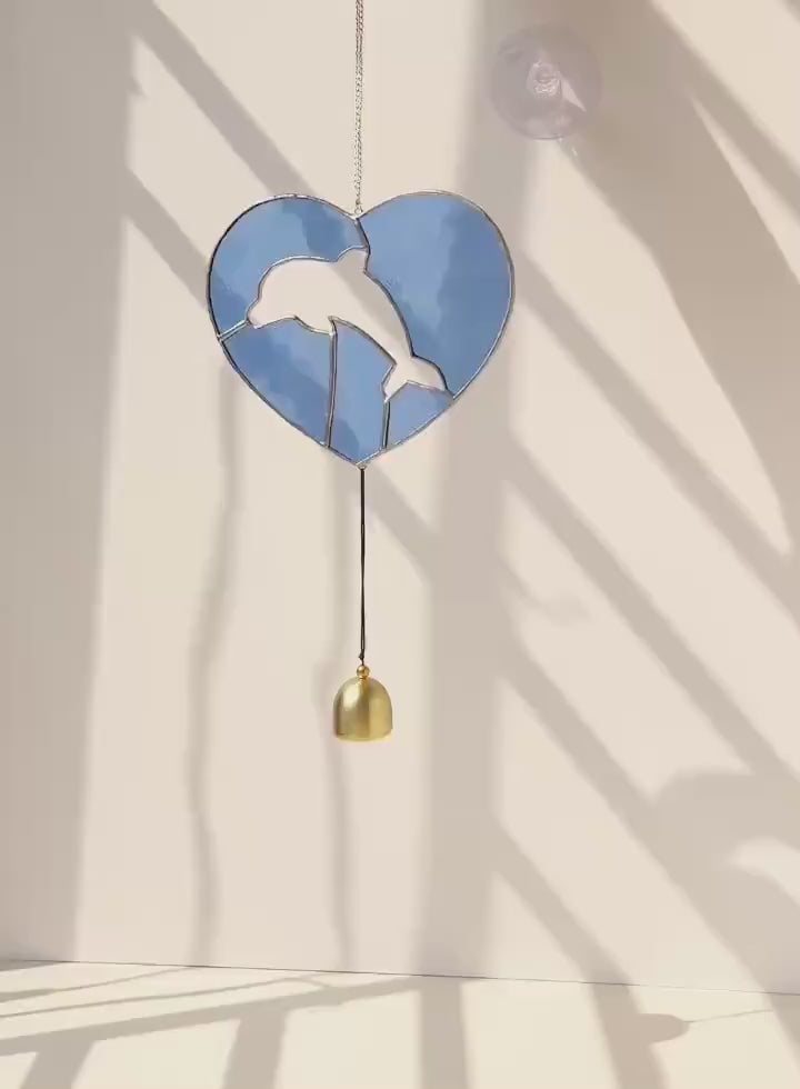 Handmade Stained Glass Dolphin Heart Suncatcher – Coastal Decor with Bell