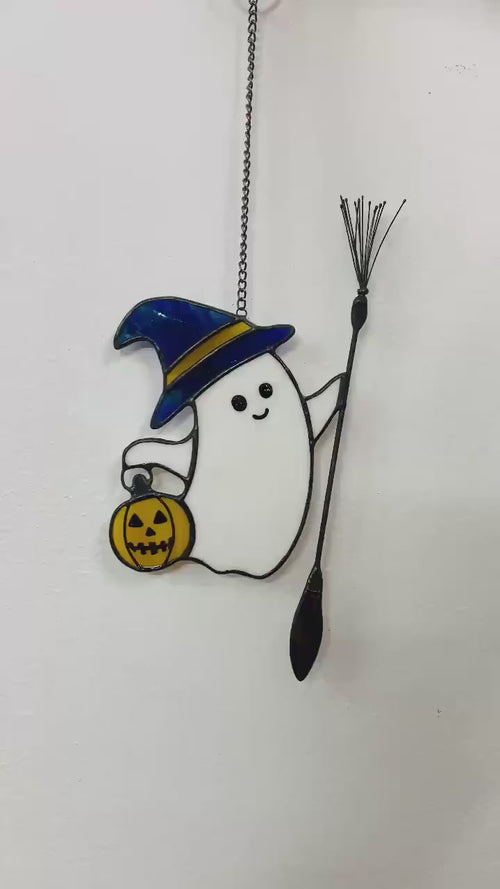 Stained Glass Wizard Ghost Suncatcher: Whimsical Halloween Window Decor