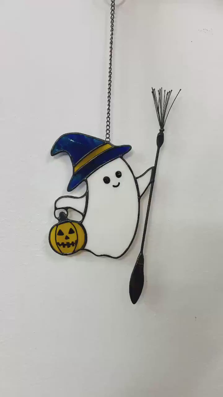 Stained Glass Wizard Ghost Suncatcher: Whimsical Halloween Window Decor