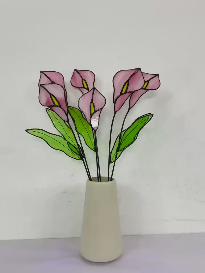 Stained Glass Calla Lily Bouquet, White 3D Flower Stem, Easter Decor, Wedding Anniversary Gift for Wife, Forever Floral Art, Gift for Mom