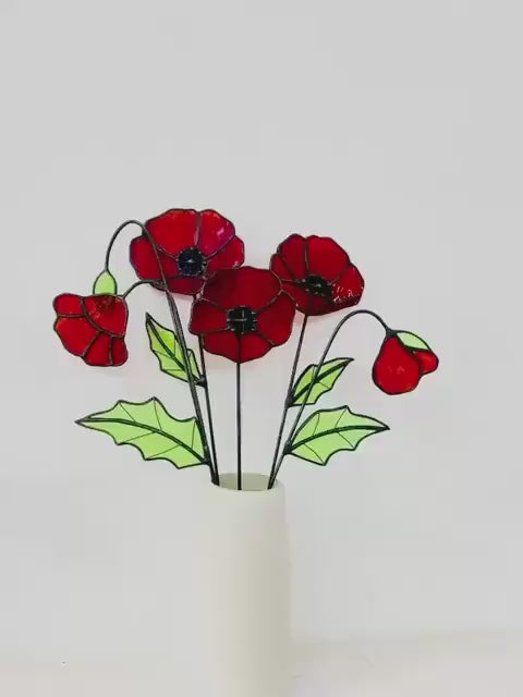 Stained Glass Poppy Flower Decor – Handmade Floral Accent for Home, Unique Window Art Piece & Modern Gift for Her