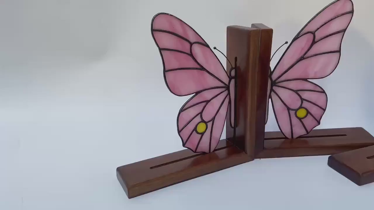 Stained Glass Monarch Butterfly Bookends – Handmade Iridescent Orange Glass Decor , Bookworm Gift, Book Lover Birthday Present