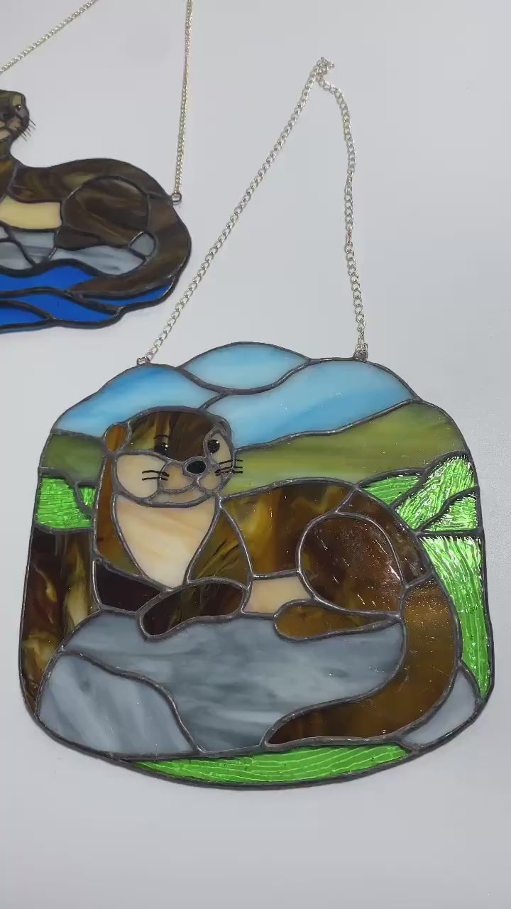 Stained Glass Otter Suncatcher: Handmade Window Hanging Art