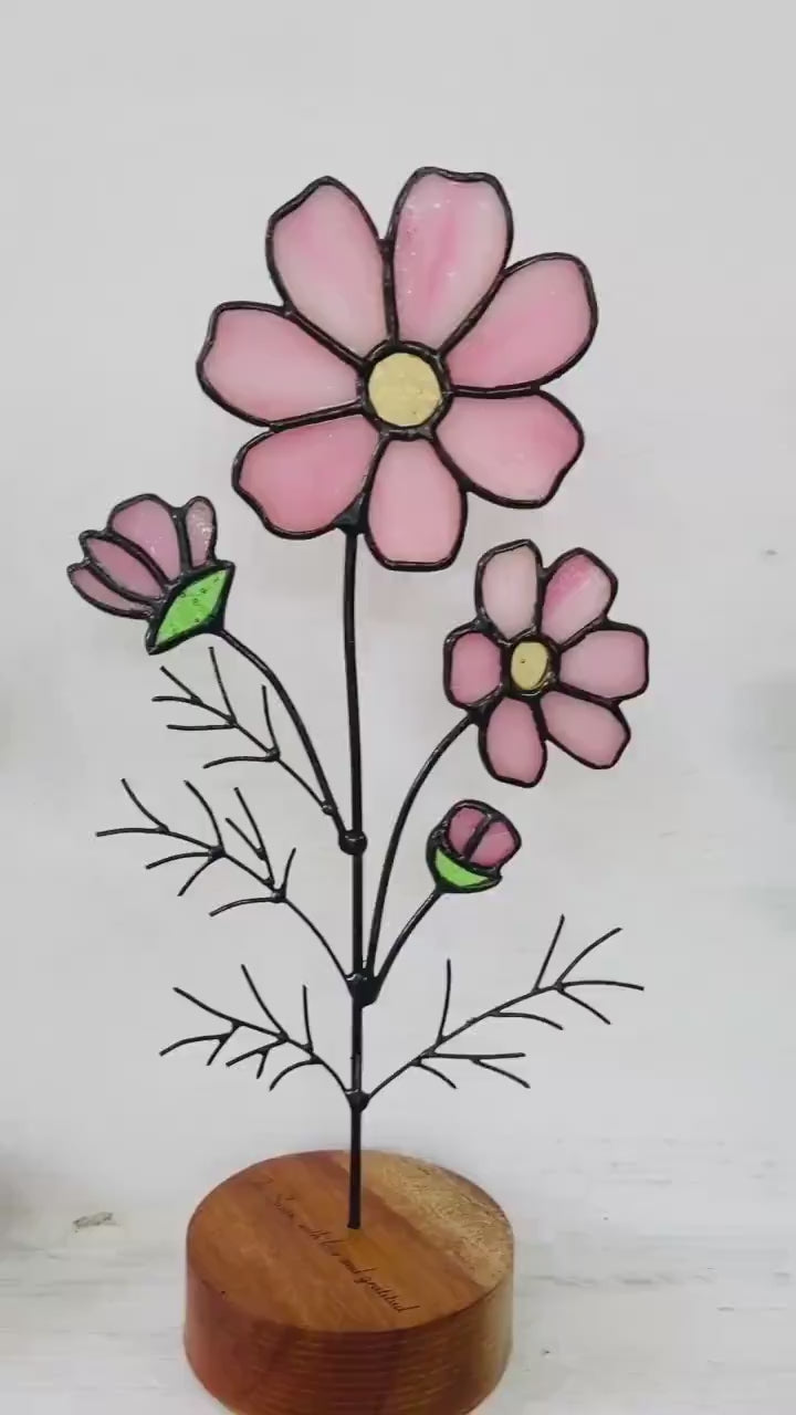 Stained Glass Birth Month Flower Gift with Wood Stand | Personalized Gift for Mom Grandma | Custom Family Garden Bouquet | Table Decor