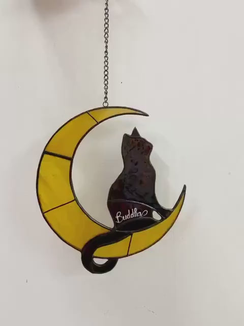 Stained Glass Black Cat on Moon, Pet Memorial Gift, Cat Lover Suncatcher, Celestial Window Hanging, Christmas Gift for Her, Mom
