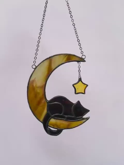 Stained Glass Black Cat on Moon Suncatcher | Celestial Witchy Window Hanging | Pet Memorial Sympathy Gift | Reaching Star Kitten Decor