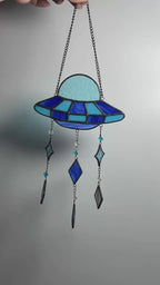 Blue Stained Glass UFO Suncatcher: Alien Spaceship Window Hanging