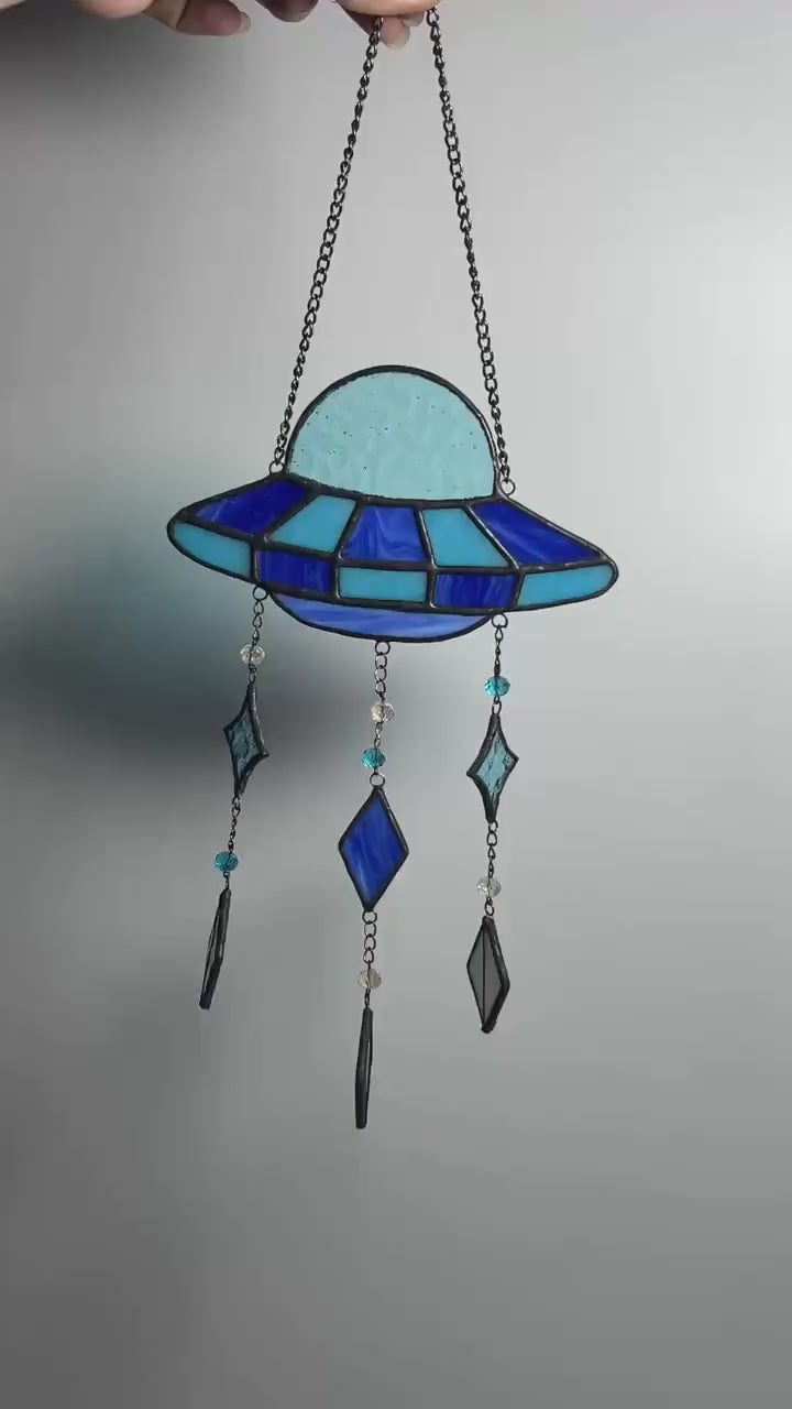 Blue Stained Glass UFO Suncatcher: Alien Spaceship Window Hanging