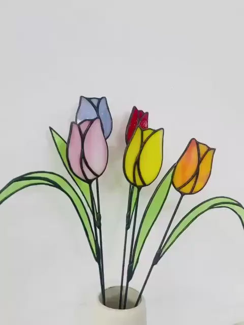 Pink Stained Glass Tulip Suncatcher, Glass Flower Bouquet for Vase, Mothers Day Gift for Mom, Birthday Gift for Her, Spring Home Decor