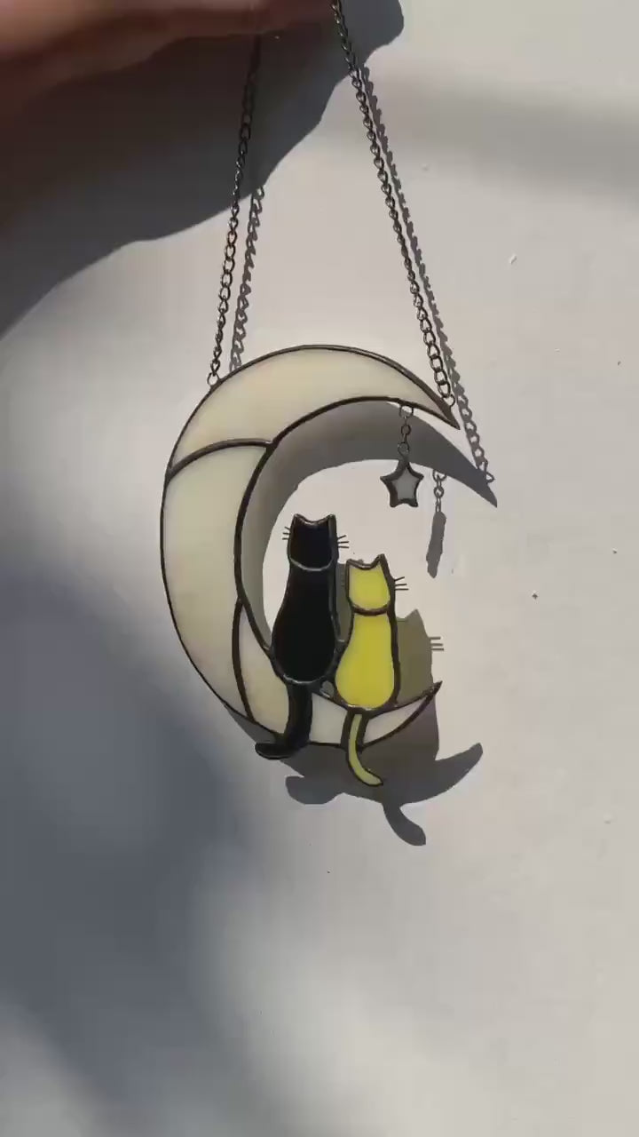 Handmade Stained Glass Cat on the Moon Suncatcher, Moon Window Hanging, Cat Lover Gift, Pet Memorial Keepsake, Peaceful Home Decor Art