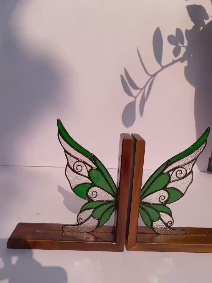 Stained Glass Fairy Wing Bookends  Fairycore Room Decor  Fantasy Book Lover Gift  Green Woodland Elf Shelf Decor  Magical Wood Base