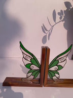 Stained Glass Fairy Wing Bookends  Fairycore Room Decor  Fantasy Book Lover Gift  Green Woodland Elf Shelf Decor  Magical Wood Base