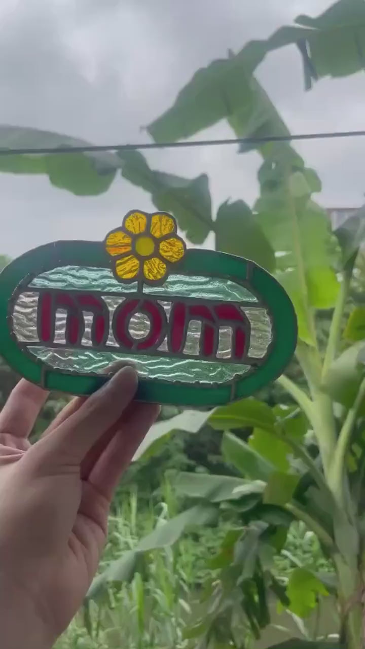 Handmade Stained Glass MOM Sign, Floral Desk Decor