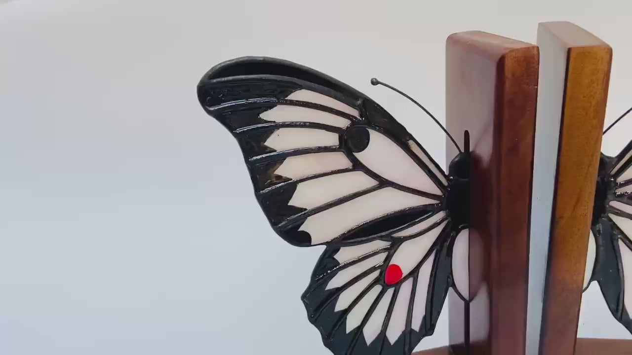 Stained Glass Butterfly Bookends: Gothic Halloween Decor, Oak Wood Base