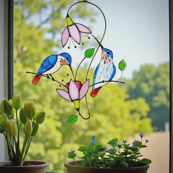 Hummingbird Stained Glass Suncatcher, Christmas Gift for Mom, Handmade Custom Window Hanging, Unique Bird Lover Gift, Stained Glass Art