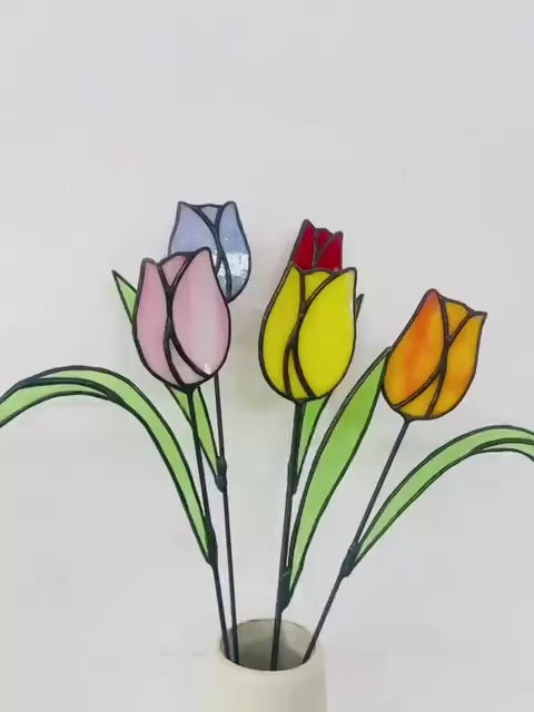 Handmade Stained Glass Pink Tulip Bouquet - Floral Table Decor
