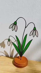 Stained Glass Snowdrop Flower with Wood Stand | January Birth Month Gift for Mom | Personalized Sympathy Gift | White Floral Glass Art