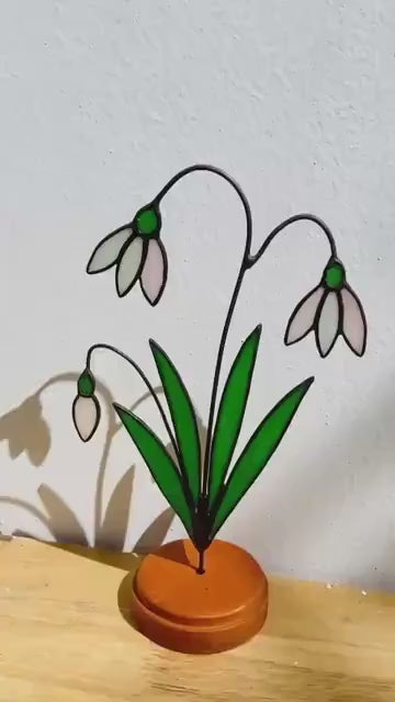 Stained Glass Snowdrop Flower with Wood Stand | January Birth Month Gift for Mom | Personalized Sympathy Gift | White Floral Glass Art