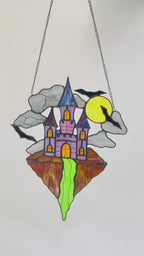 Halloween Stained Glass Castle Suncatcher: Spooky Haunted House Window Decor