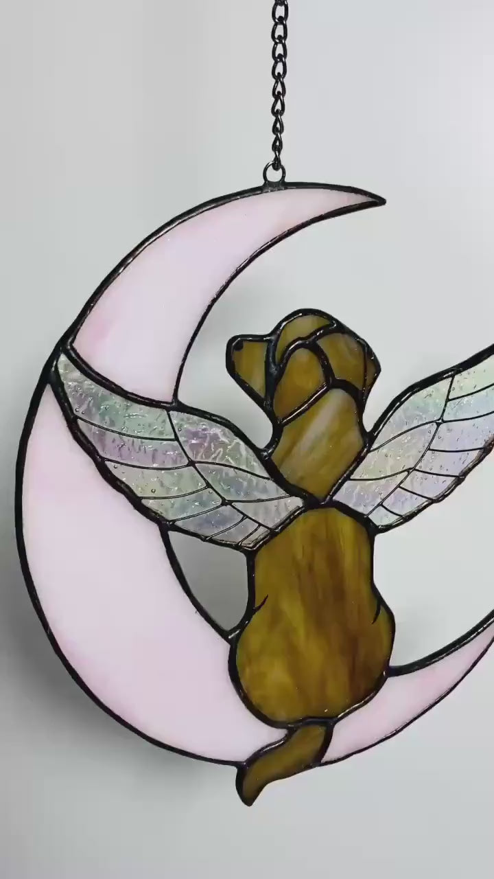 Custom Dog Memorial Gift, Stained Glass Angel Dog on Moon, Pet Loss Sympathy Gift, Rainbow Bridge Suncatcher, Personalized Dog Portrait