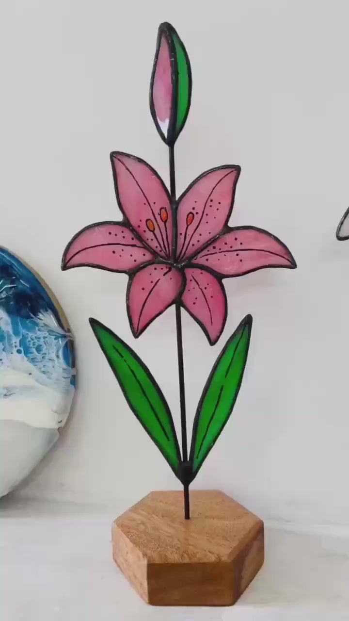 Stained Glass Birth Flower Gift, Personalized Wood Base, Handmade Art