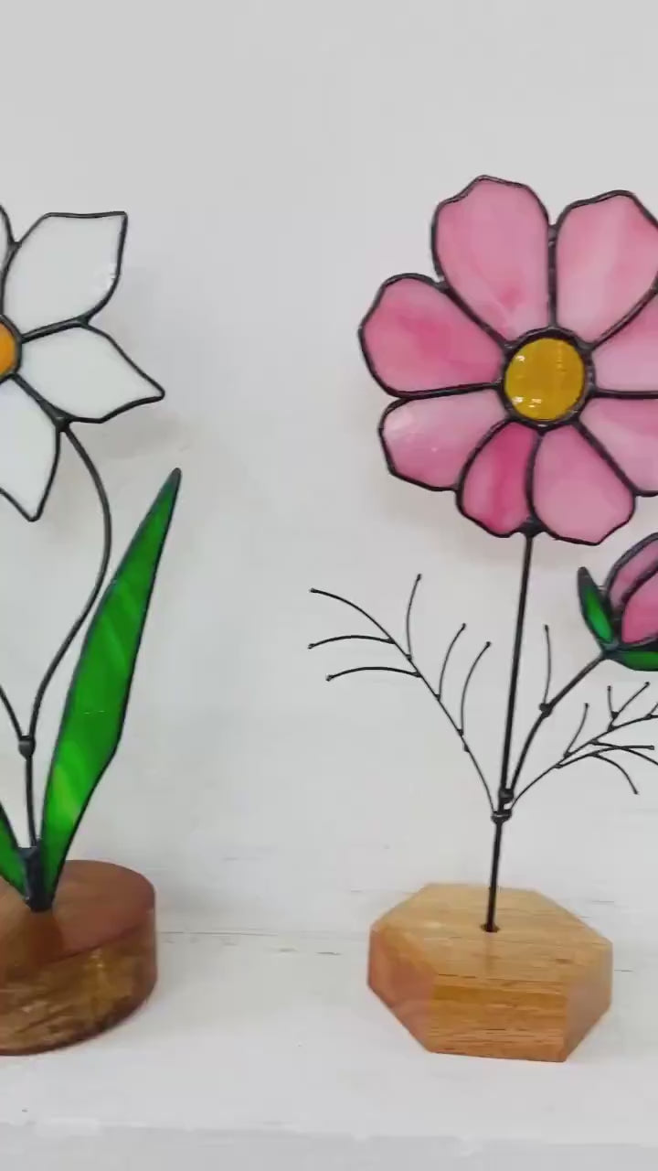 Stained Glass Peony Flower, 3D Standing Art on Wood Base, Forever Floral Gift for Mom, Glass Anniversary, Cottagecore Decor, Valentine Gift