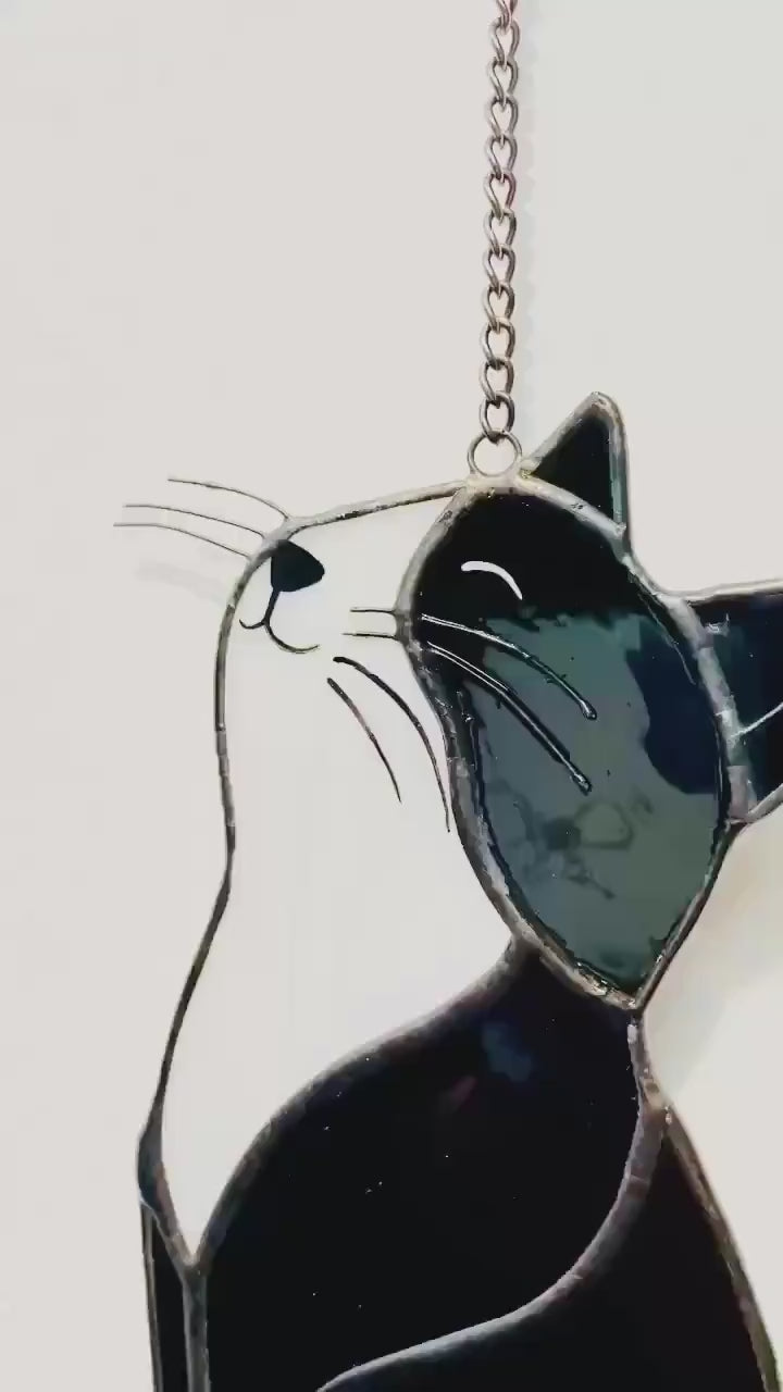 Black Cat Stained Glass Suncatcher, Pet Memorial Gift for Her, Tuxedo Cat Ornament, Cat Mom Birthday Gift, Window Hanging Decor