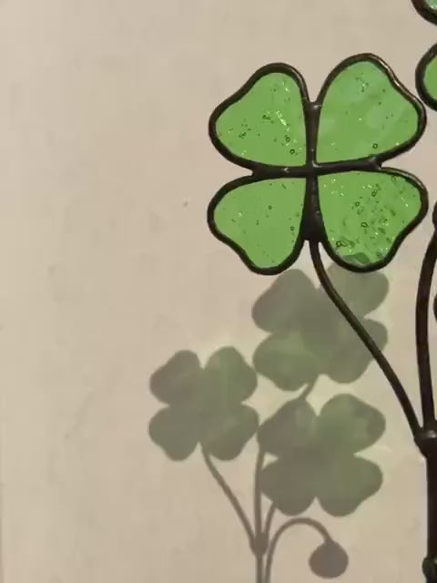 Stained Glass Four Leaf Clover Plant | St Patricks Day Decor | Good Luck Gift for New Job | Shamrock Sculpture on Wood Base | Irish Art