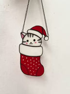 Christmas Cat Stained Glass Suncatcher – Handmade Holiday Window Ornament, Christmas Gift for Cat Lovers, Cat in Stocking Glass Art