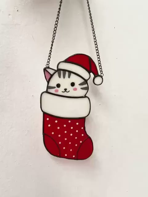 Christmas Cat Stained Glass Suncatcher – Handmade Holiday Window Ornament, Christmas Gift for Cat Lovers, Cat in Stocking Glass Art