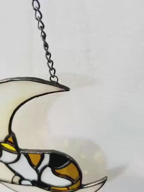 Stained Glass Sleeping Cat on Moon Suncatcher | Pet Memorial Gift for Cat Mom | Black Tuxedo Orange Calico Window Hanging | Celestial Decor