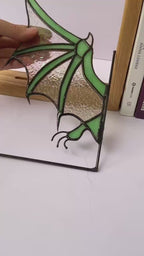 Dragon Wing Stained Glass Bookends | Fantasy Bookshelf Decor | Solid Oak Base | Book Lover Gift | Dark Academia