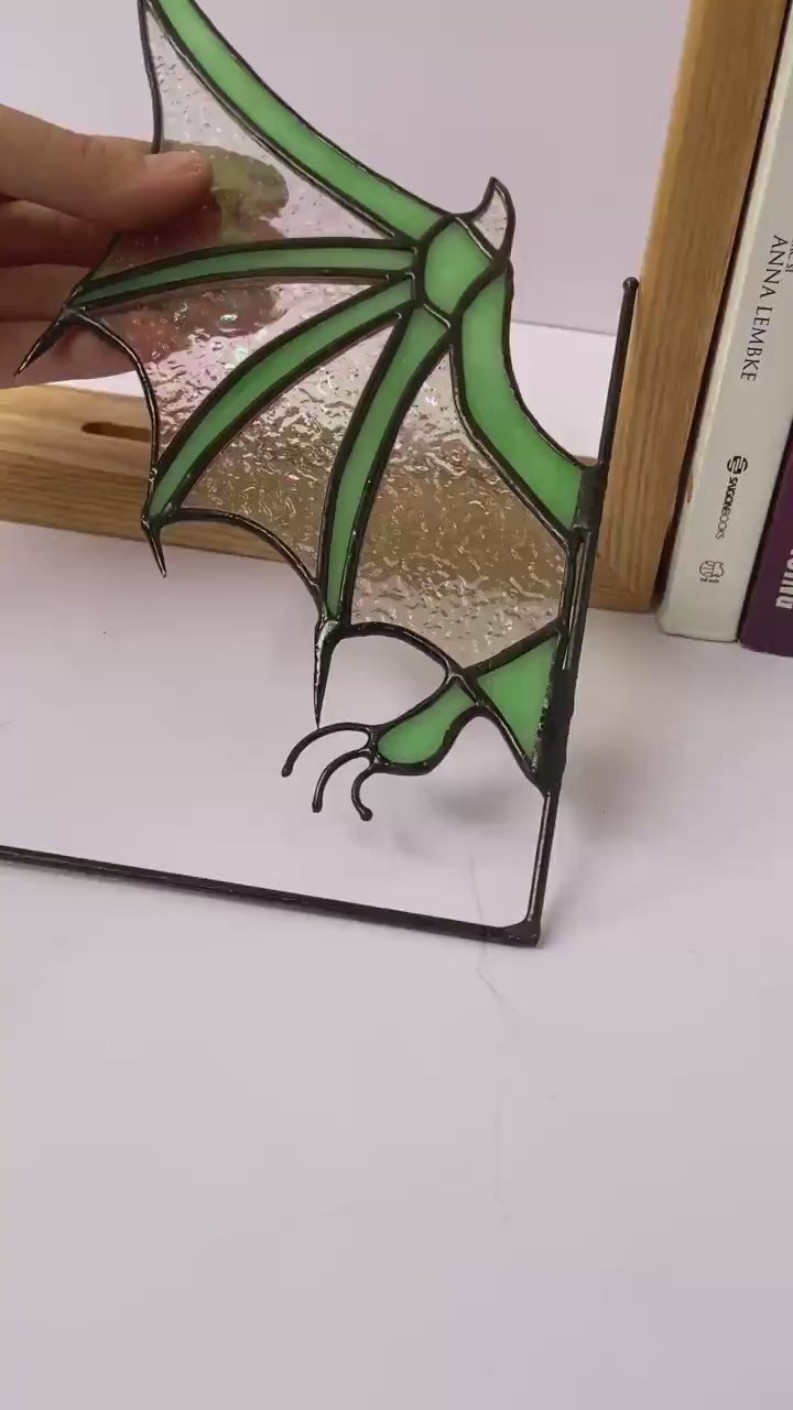 Dragon Wing Stained Glass Bookends | Fantasy Bookshelf Decor | Solid Oak Base | Book Lover Gift | Dark Academia