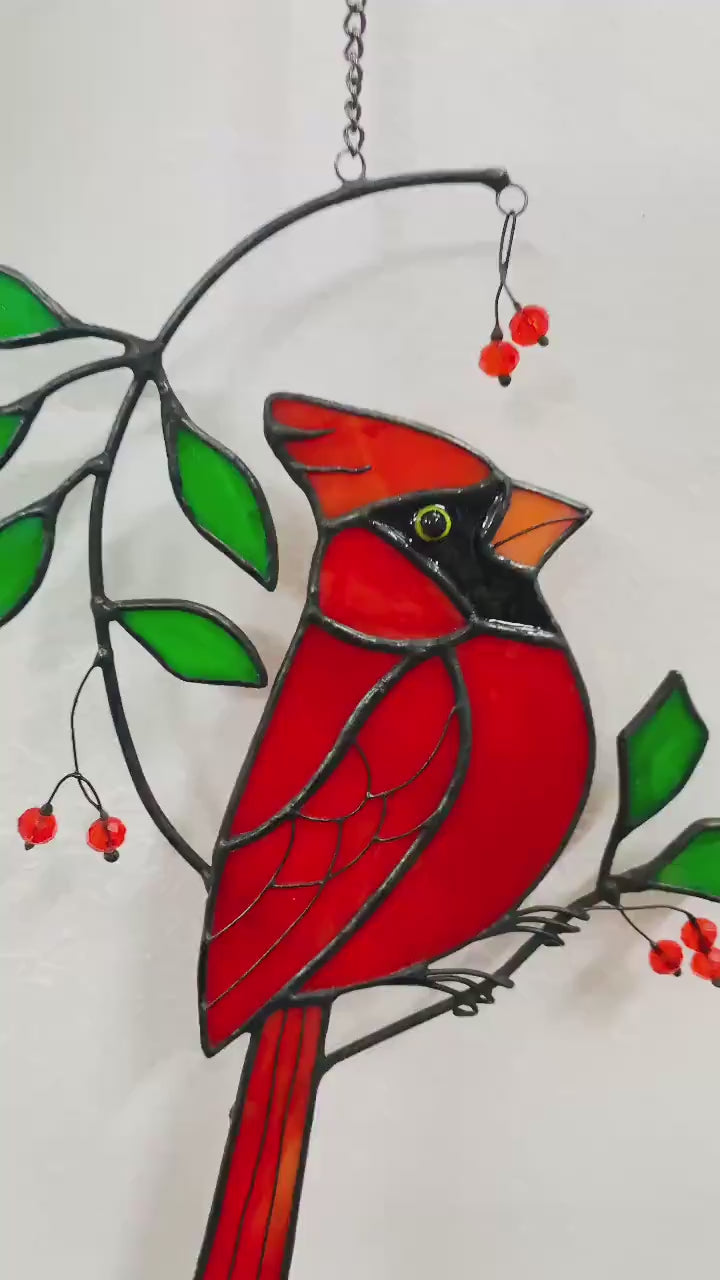 Handmade Stained Glass Cardinal Ornament - Christmas Decor, Gift for Holiday, Housewarming, Memorial, Red Cardinal with Cherry Design