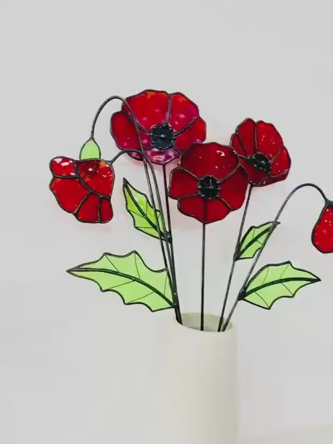 Stained Glass Poppy Flower Stem – Handmade Floral Art Gift, Spring Home Decor, Mother’s Day & Birthday Gift for Her, Christmas Gift for Mom