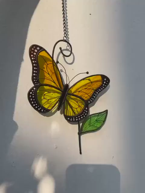 Stained Glass Monarch Butterfly Suncatcher | Window Hanging Wall Decor | Nature Lover Gift for Mom | Sympathy Memorial Ornament | Christmas