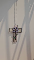 Stained Glass Cross Suncatcher–Handmade Christian Decor with Purple Flower,Easter Gift,Baptism Ornament,Memorial Keepsake,Religious Home Art