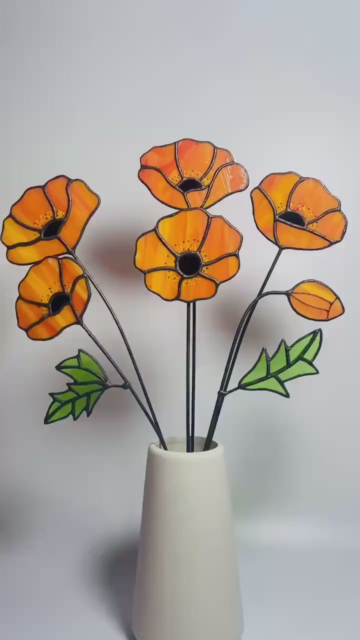 Stained Glass Orange Poppy Bouquet: Handmade Floral Arrangement in Frosted Vase