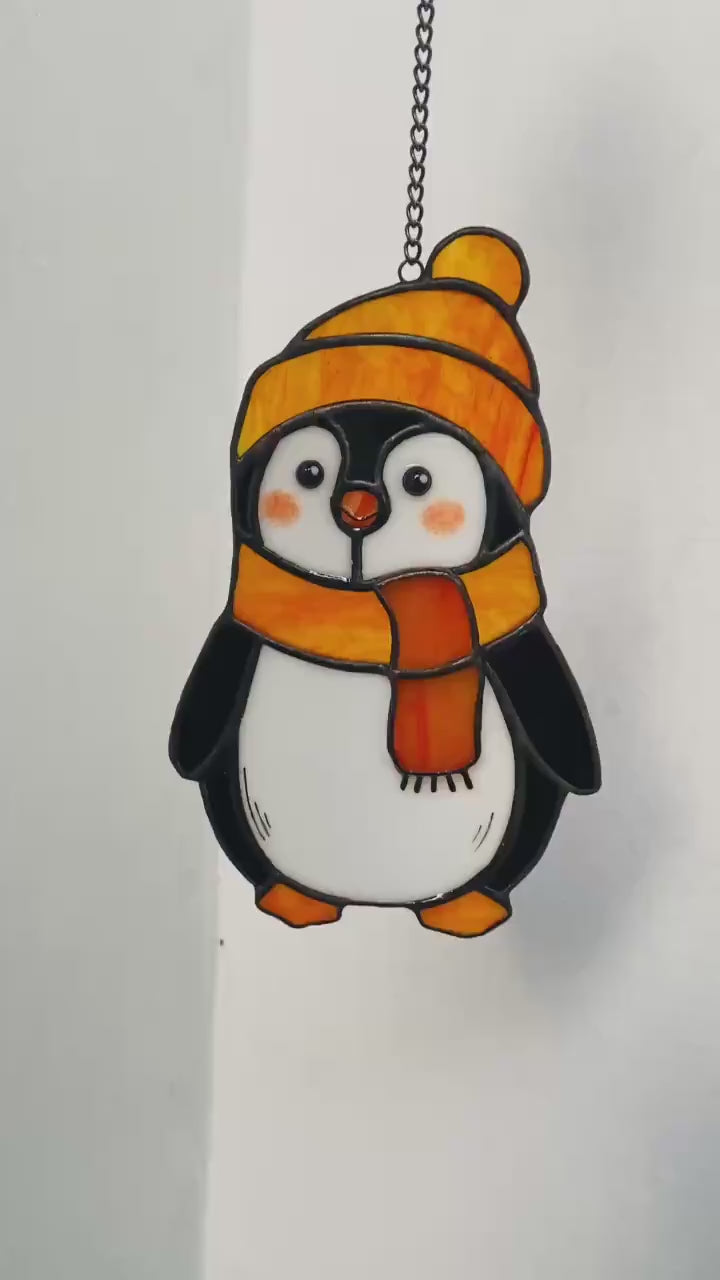 Penguin Stained Glass Suncatcher – Handmade Winter Window Decor, Penguin Ornament, Christmas Gift, Animal Glass Art for Home Lovers