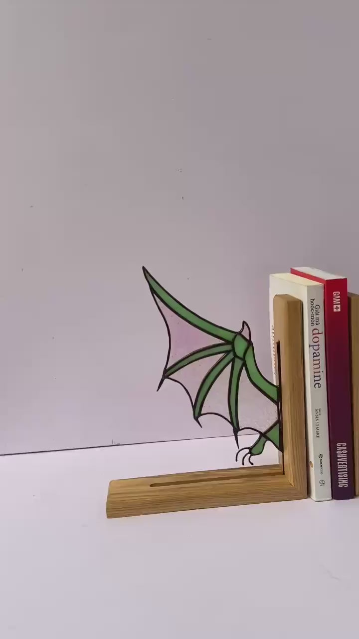 Stained Glass Dragon Wing Bookends | Solid Oak, Fantasy Decor