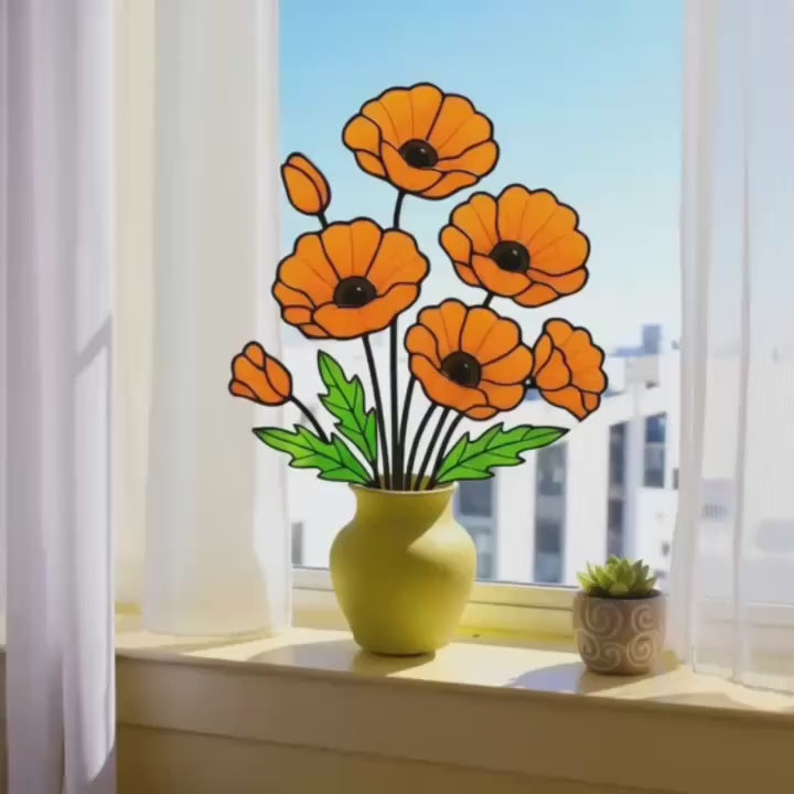 Stained Glass Poppy Flower | California Poppy Suncatcher | Glass Wildflower Bouquet Home Decor | Birth Month Flower Gift Vase Art